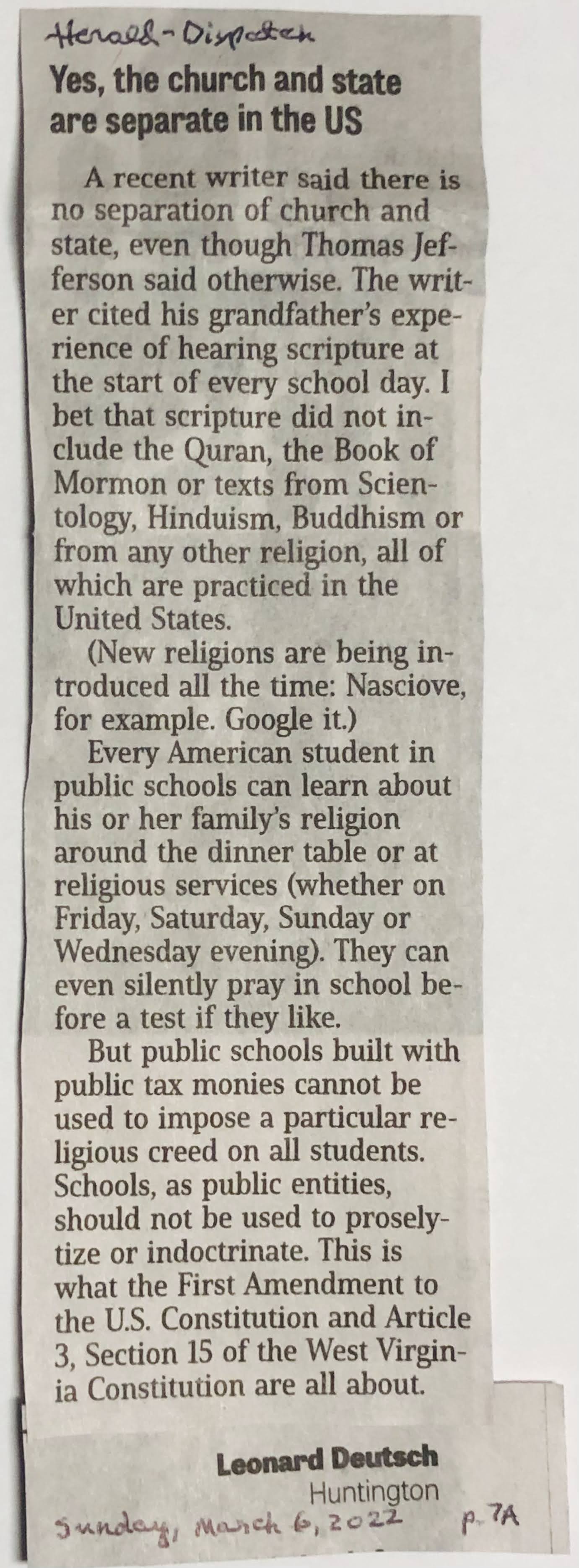 Yes, church and state are separate in the US